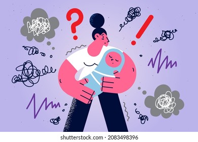 Sad pensive young mother with newborn baby in arms feel frustrated about life situation. Unhappy mom with child infant distressed with maternity problems. Postpartum depression. Vector illustration. 
