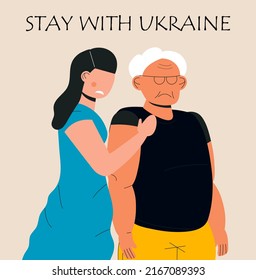 Sad people in clothes Ukrainian colors flag in war, support Ukraine vector banner for web, poster. Sad volunteers ask to support her country. Save and help to Ukraine.