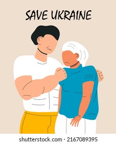 Sad people in clothes Ukrainian colors flag in war, support Ukraine vector banner for web, poster. Sad volunteers ask to support her country. Save and help to Ukraine.