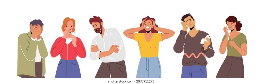Sad People Crying, Feel Grief. Desperate Male and Female Characters Waist-high Close Face with Hands, Wipe Tears, Express Negative Emotions, Upset, Bad Mood, Stress. Cartoon Vector Illustration