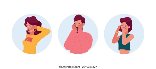 Personas tristes llorando Iconos redondos aislados o ávatares. Personajes masculinos o femeninos desesperados se acercan a la cara con las manos, expresan emociones negativas con lágrimas vertidas, mal humor, dolor. Ilustración del vector de dibujos animados