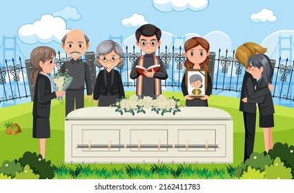 Sad people at funeral ceremony  illustration