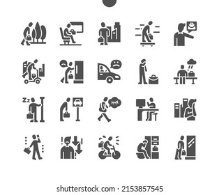 Sad people go to work. Sleepy man. Tired man in city. Vector Solid Icons. Simple Pictogram