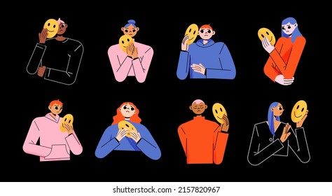 Sad people hold fake face mask with smiling mouth isolated on black background. Vector flat illustration of diverse unhappy men and women with positive masks for hide real emotions