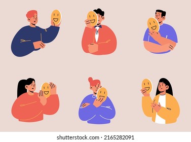 Personas tristes sostienen máscaras falsas con sonrisas. Ilustración vectorial plana de hombres y mujeres descontentos con máscaras positivas usan disfraz para esconder emociones reales aisladas en el fondo