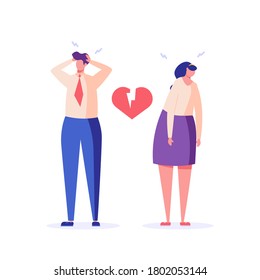 Sad people holding broken heart. Concept of divorce, family crisis and conflict, tired couple. Flat vector illustration in flat design for web banner