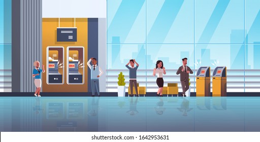 sad people near ATM machine with no money error notification financial crisis transaction denied locked bank credit card bad servise at bank concept horizontal full length vector illustration