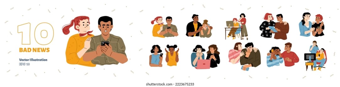 Sad people receive bad news from mobile phone, computer or tv. Diverse persons feel sorrow, stress, anxiety, hug and support each other isolated on white background, vector hand drawn illustration