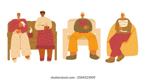 Sad people set. Depressed people sitting on sofas and crying. Autumn melancholy. Vector hand drawn stylized illustration.