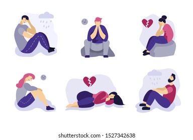 Sad people set of flat characters. Frustrated young men and women sit and lie on the ground. Broken heart, unhappy love. The concept of frustration, depression, psychotherapy.