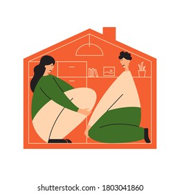 Sad People Sit In Cramped Apartment. Small Family Living Space Home. Frustrated Man And Woman In Tiny House. Upset Couple In Limited Room. Big House Dream. Mortgage Or Loan Demand Vector Illustration