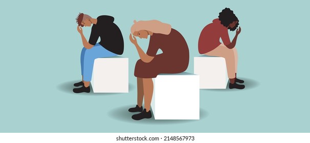 Sad people are sitting. Flat vector stock illustration is isolated. Men and women are emotionally ill. Appatia, deperssion and low mood under stress