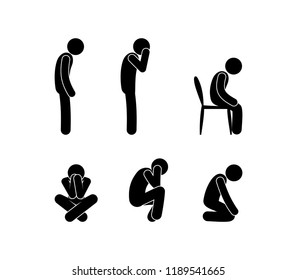 Sad People Stand And Sit, Illustration Of Depression, Stick Figure Man Symbol, Pictogram Human Silhouette