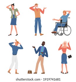 Sad people in stress and frustration vector illustration set. Cartoon discouraged unhappy stressed adult characters collection, man woman showing frustrated gestures, mental problem isolated on white