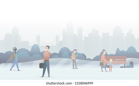 Sad people suffer from air pollution and wear protective masks. Industrial white smog fog city background. Fine dust, air pollution, pollutant gas emission, coronavirus COVID-19 vector illustration