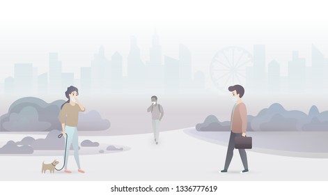 Sad people suffer from air pollution and wear protective masks. Industrial smog city background.