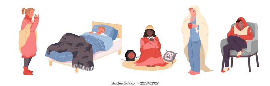 Sad people suffering from low temperature at home set vector illustration. Cartoon isolated male and female characters wearing warm clothes and blanket, drinking hot drink, warmed up with heater