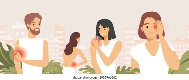 Sad people suffering from pain in different body parts vector flat illustration. Headache, pain in the arm, shoulder, and lower back. Body aches, people feeling pain, disease concept.