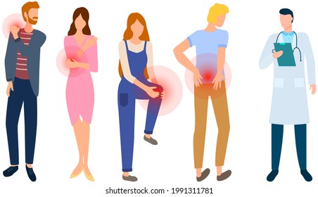 Sad people suffering from pain in joints. Painful sensations of sick people. Men and women grabs their hands to sore knee, elbow, back, shoulder. Patients with sore joints in consultation with doctor