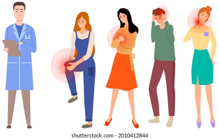 Sad people suffering from pain in joints. Painful sensations of sick people. Men and women grabs their hands to sore knee, elbow, back, shoulder. Patients with sore joints in consultation with doctor