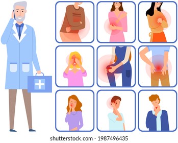Sad people suffering from pain. Painful sensations of sick people. Men and women grabs their hands to sore head, abdomen, heart, shoulder. Patients with sore body parts in consultation with doctor