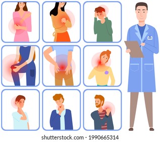 Sad people suffering from pain. Painful sensations of sick people. Men and women grabs their hands to sore head, abdomen, heart, shoulder. Patients with sore body parts in consultation with doctor