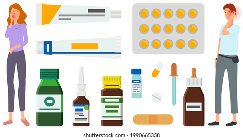 Sad people suffering from pain stand next to medicines, tablets, ointments for treatment of diseases. Painful sensations of sick characters. Men and women grabs their hands to sore body parts