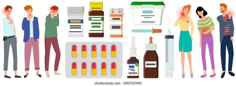 Sad people suffering from pain stand next to medicines, tablets, ointments for treatment of diseases. Painful sensations of sick characters. Men and women grabs their hands to sore body parts