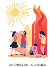 Sad people in summer extreme heat. Thermometer with fire with high temperature, overheated unhappy persons under hot sun. Global warming design. Heatflation vector flat cartoon illustration 