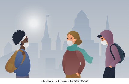 Sad people wearing protection medical face mask staying on the city background. Protection from 2019-nCoV, COVID-19, SARS-CoV-2, coronavirus, virus, flu, disease, air pollution.