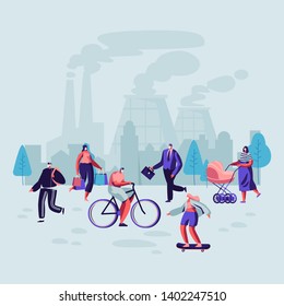 Sad People Wearing Protective Face Masks Walking on Street Against Factory Pipes Emitting Smoke. Fine Dust, Air Pollution, Industrial Smog, Pollutant Gas Emission. Cartoon Flat Vector Illustration