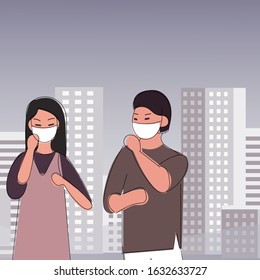 Sad people wearing protective face masks walking on street. Fine dust, air pollution, industrial smog, pollutant gas emission. Danger of epidemic Asian people wearing protective masks while crossing