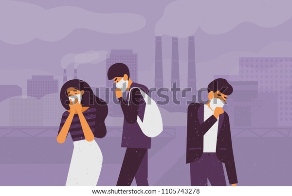 Sad people wearing protective face masks\
walking on street against factory pipes emitting smoke on\
background. Fine dust, air pollution, industrial smog, pollutant\
gas emission. Vector\
illustration.