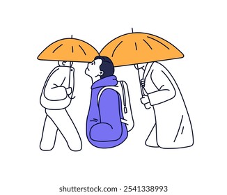 Sad person in apathy walks in rain. Unhappy depressed character wandering on street. Concept of loneliness in crowd. Upset lonely man despairs. Flat isolated outline vector illustration on white