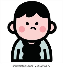 Pessoa triste com cabelo preto, bochechas vermelhas e expressão franzida. Ilustração de vetor de desenhos animados.