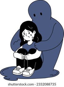 Sad Person Crying with Hugged Knees Vector Illustration