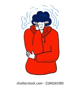 Sad person crying vector illustration. Lonely young man or young woman in trouble, thinking, have a toothache. Cartoon simple doodle style. Psychology concept design