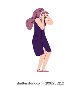 Sad person with depression - cartoon woman standing and holding her head with unhappy facial expression. Upset girl in summer dress - flat isolated vector illustration.