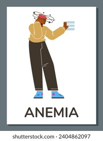 Sad person with dizziness, suffers from vertigo and headache and needs medical help. Disease symptom, Iron deficiency anemia, low hemoglobin. Anemia vector poster