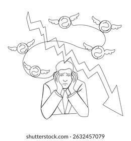 Una persona triste y cayendo gráficos en estilo de arte continuo de una línea. Concepto de crisis financiera. Ilustración vectorial simple