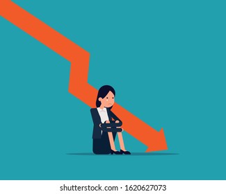 Sad person with graph indicating a regression. Business failure concept