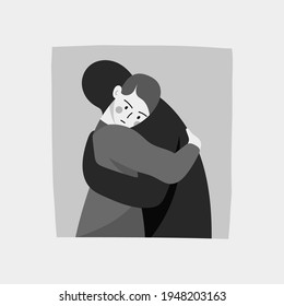 Sad person hugging a dark silhouette of human. Hand drawn Vector illustration. Mental health issues, Self care, love, loss, acceptance, feeling of frustrated, anxiety concept