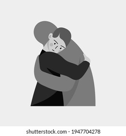 Sad person hugging a shadow. Psychologist help for depressed people. Hand drawn Vector illustration. Mental health issues, Self care, love, loss, acceptance, feeling of frustrated, anxiety concept