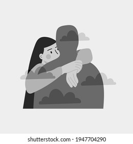 Sad person hugging a shadow. Psychologist help for depressed people. Hand drawn Vector illustration. Mental health issues, Self care, love, loss, acceptance, feeling of frustrated, anxiety concept