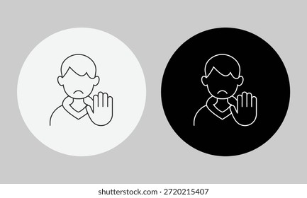 Sad Person Making Stop Hand Gesture Icon, Minimalist Line Art Vetor for Personal Boundaries, Rejeição, Non-Consent, Distanciamento Social e Símbolo de Conscientização de Defesa
