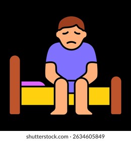 Sad person on bed icon. Sitting figure with sad face, morning tiredness or sleep disorder representation.