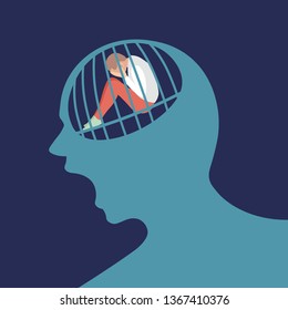sad person is siting and crying in a screaming head prison. Concept of  depression. Flat vector illustration.