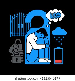 A sad person sits alone inside a blue door hanger