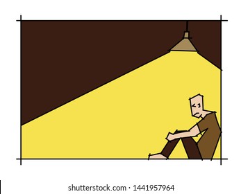 A sad person sits at the corner under a lightbulb in a dark room. A graphic for a depressed human.