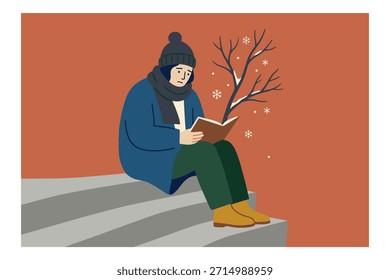 La persona triste se sienta en los escalones, vistiendo ropa de invierno, leyendo un libro en la nieve que cae.